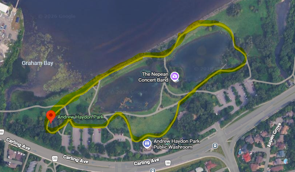 Aerial map of Andrew Haydon Park showing the Tic Toc Walk route